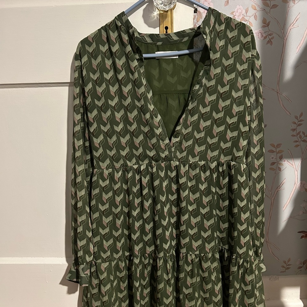 Mango Olive Chevron Long Sleeve Dress